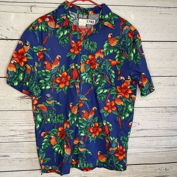 Vtg Devin-James men’s Hawaiain Shirt Button Up Parrots Blue Floral size L Large‎ - Picture 1 of 7